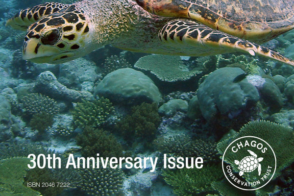 Cropped Cover of the 30th Anniversary Issue for the Chagos News, featuring a hawksbill turtle
