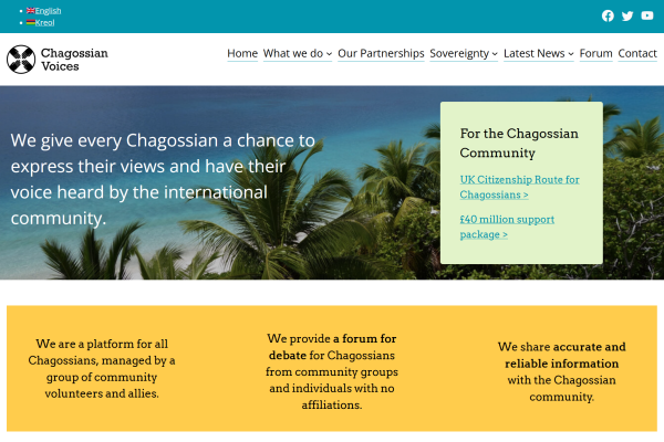 Screenshot of the homepage of Chagossian Voices website