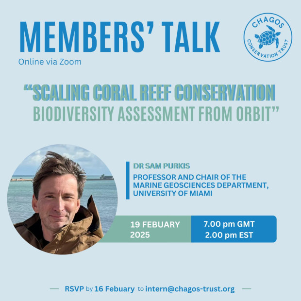 Digital flyer of Dr Sam Purkis Member's Talk for 19 February 2025